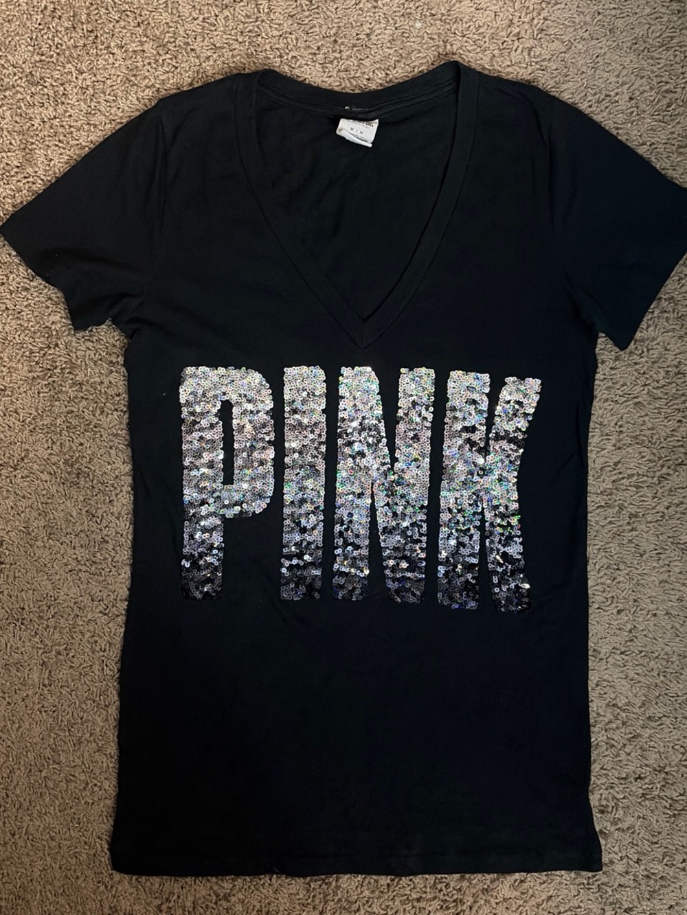 Victoria's Secret PINK Black V-Neck Sequin Logo Tee
